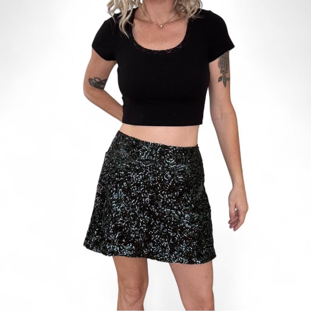 Green Sequin Mini Skirt Indie Sleaze Womens 8 Glam Holiday Christmas Party Rave